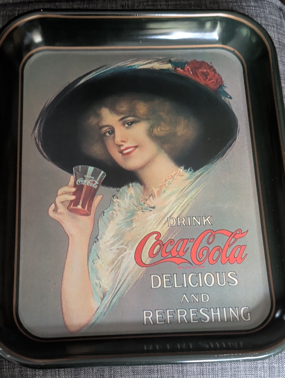 Coca-Cola Retro Tray with Woman in Large Black Hat and Red Logo Advertising